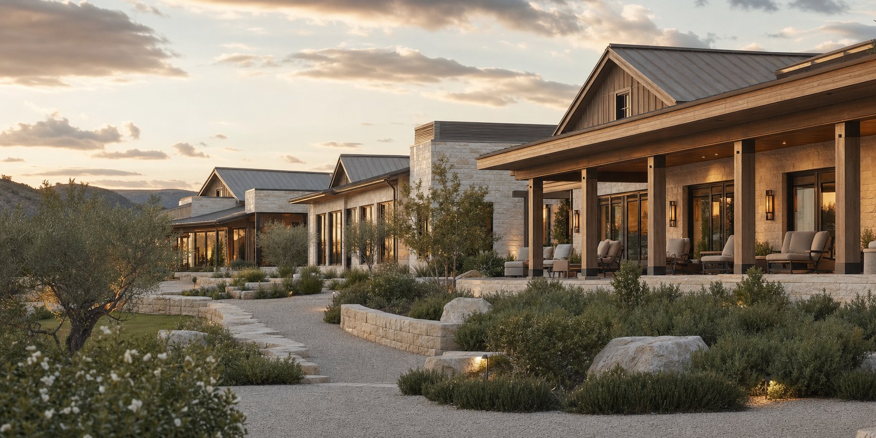 Senioa Life community exterior at golden hour