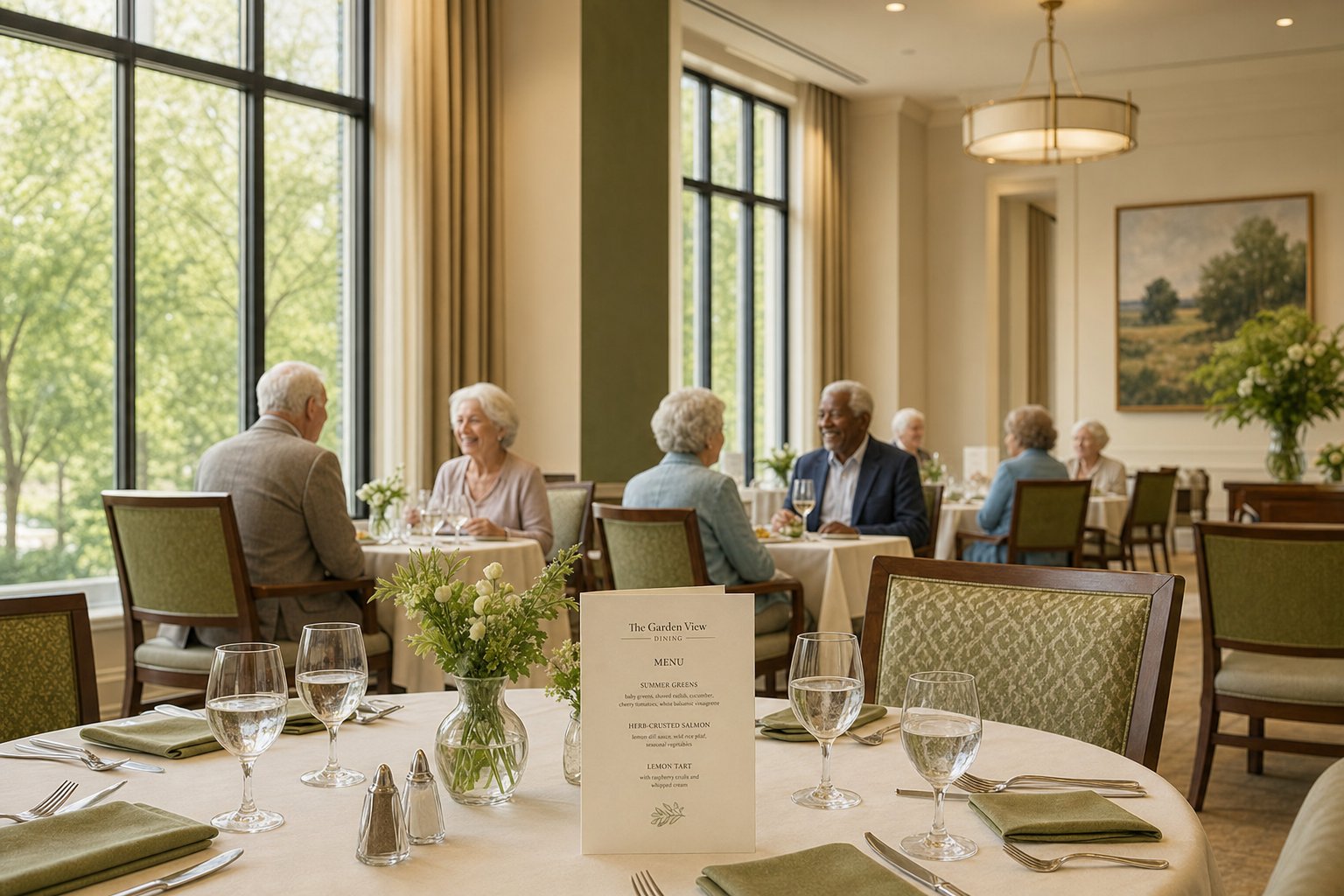 Warm, restaurant-quality dining room inside a Senioa Life community