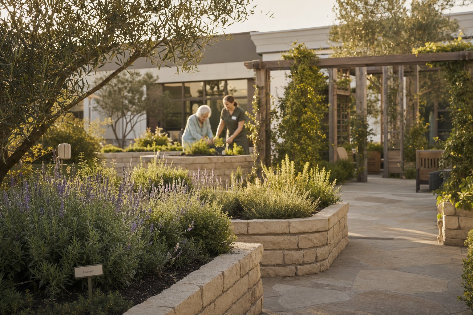 Therapeutic garden with walking paths and seating at a Senioa Life community